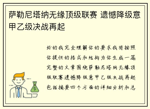 萨勒尼塔纳无缘顶级联赛 遗憾降级意甲乙级决战再起