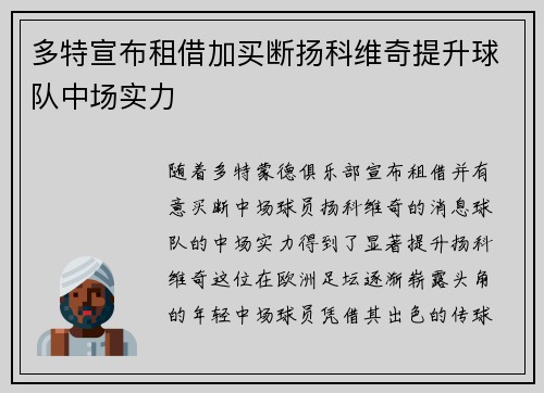 多特宣布租借加买断扬科维奇提升球队中场实力